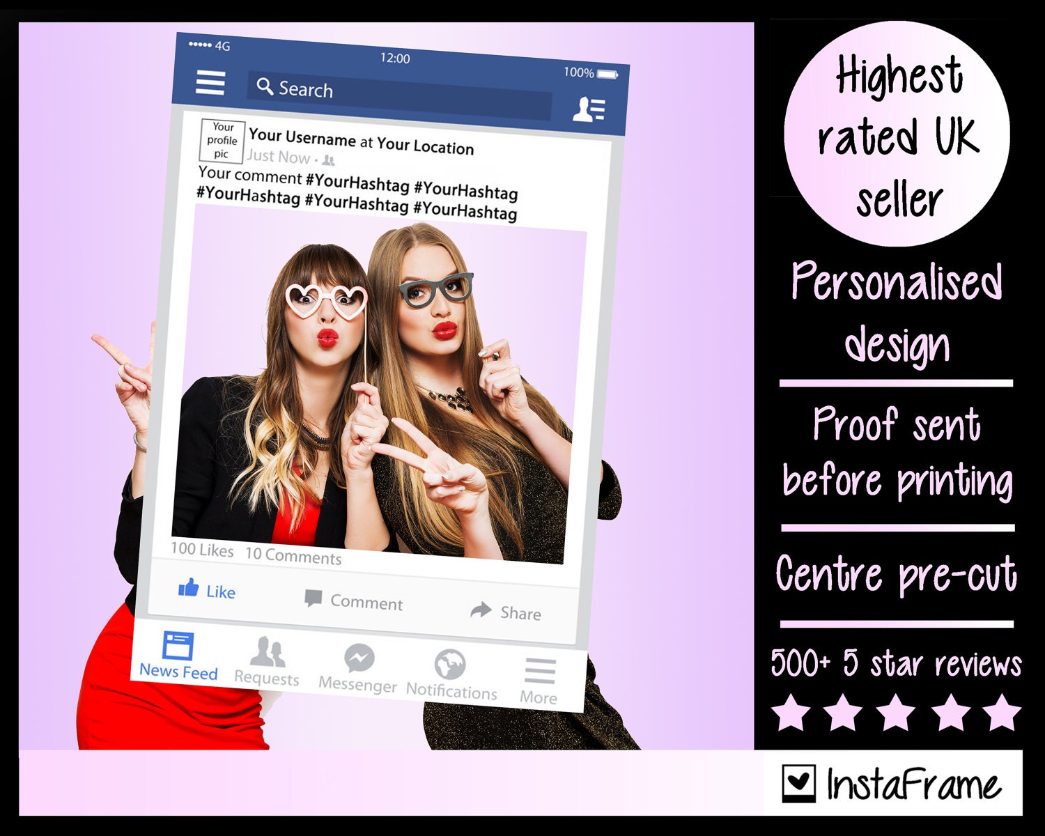 Large/Medium personalised Facebook photo booth prop frame