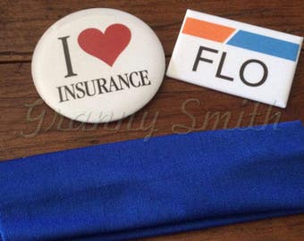 The 3 piece "Flo Progressive inusrance" I love insurance pin and name badge set with blue headband (Apron NOT included) actress, agent