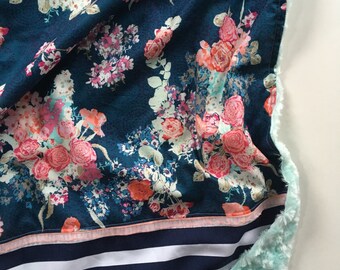navy Floral Nursery, Coral Nursery, Baby Blanket, Turquoise, Minky Baby Blanket, Floral baby blanket, floral, modern nursery, gift,