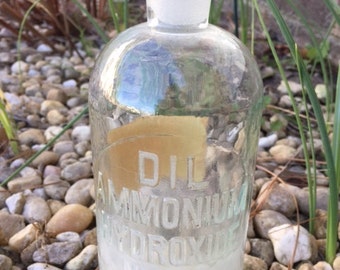 Vintage Chemistry Bottle-1960s-Raised Letters On Bottle-Paper Label-Glass Bottle-Apothecary Bottle-DIL AMMONIUM HYDROXIDE NH4OH-made in usa