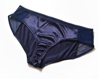 Panties "Gin" , low rise panties with sheer mesh sides, thin deep blue satin, knickers, dark blue women lingerie, see-through, bamboo lined