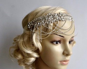 Glamour Rhinestone flapper Gatsby Headband, Chain 1920s Wedding Crystal Headband Headpiece, Bridal Headpiece, 1920s Flapper headband