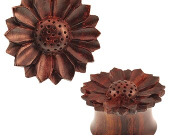 Dark brown Sonoholz plug Daisy tribal textured organic Expander (No. HPT-280)