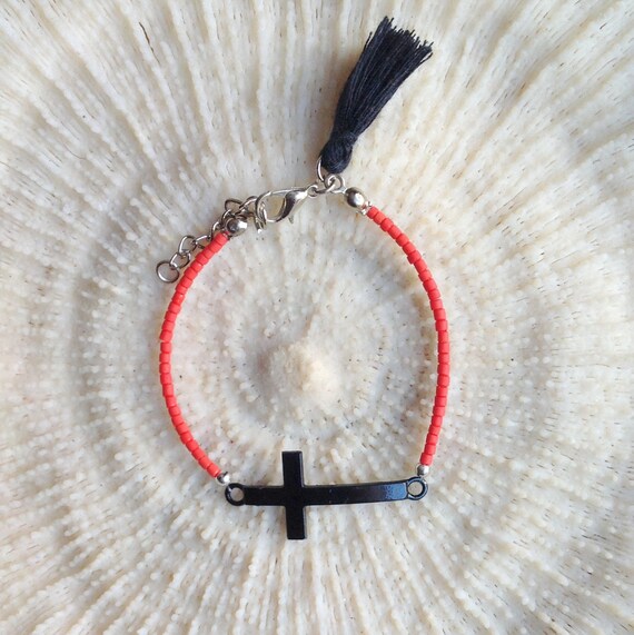 Sideways Cross Bracelet Coral Bracelet with tassel Christian