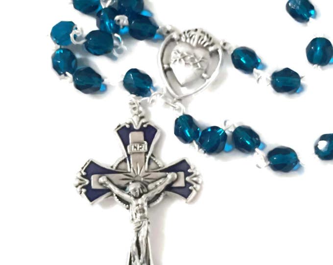 Blue Lazulite and Enameled Crucifix // Rosary Inspired Necklace // Mutistrand Necklace // Christian Jewelry Bride Mother Sacred Heart Mom