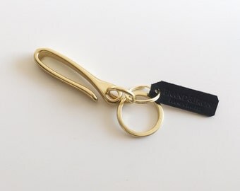Solid brass key hook with natural leather tag / japanese brass fish hook keychain