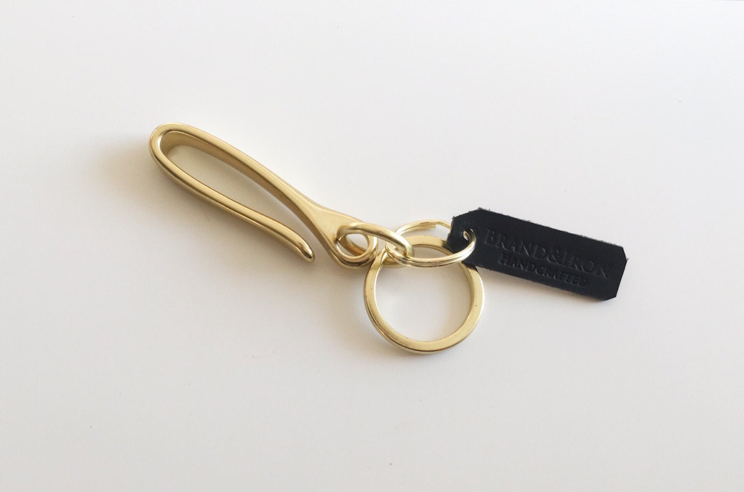 Solid brass key hook with natural leather tag / japanese brass