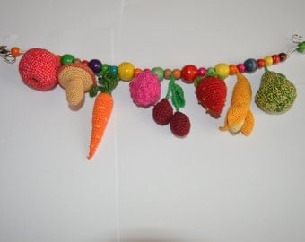 Crochet Stroller Toy, Baby Rattle- Veggies, Sensory Car Seat Toy, ecofriendly crochet toy