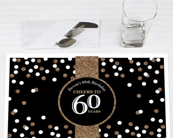 60th Birthday Placemats - Adult 60th Birthday - Gold - Personalized Placemats for Birthday - Party Supplies - Set of 12