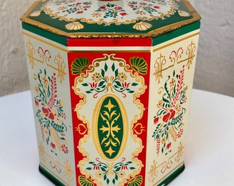 Vintage Folk Art Tin Made in Western Germany, Vintage Red, Green and Gold Cookie Tin