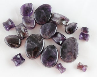 Amethyst Stone Teardrop Plugs - Double Flare Oval Plugs - one pair Ear Tear drop Plug Amethyst - stone plugs double flared - PB29