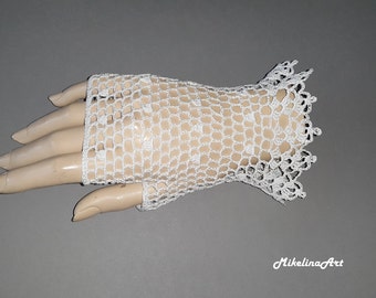 Crochet Mittens, Fingerless Gloves,White, 100% Mercerized Cotton.