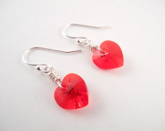 Red Heart Earrings - Swarovski Red Heart Silver Plated Valentine Dangle Earrings