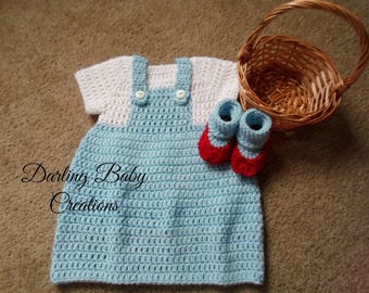 Crochet Dorothy Wizard of OZ Set Costume: Includes Dress & Booties. Sizes Newborn-12 Mths. Great For Halloween!