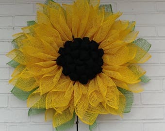 Yellow Poly Burlap Sunflower Wreath with Black Burlap Center