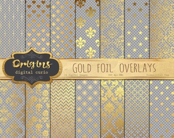 Gold Pattern Overlays for Digital Paper, Scrapbooking, Invitations, Gold foil Embellishments, 12x12 inches Gold leaf overlay clipart