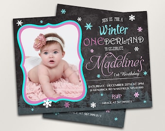 Winter Onederland Invitation, Girl First Birthday Invitations, Custom Birthday, Chalkboard Invitation, Personalized Printable Invitation
