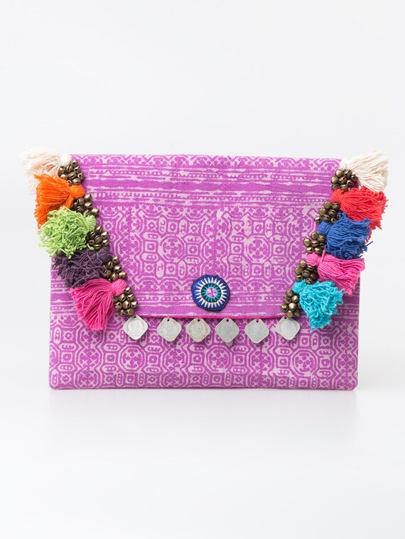 Beautiful Boho Clutch Bag Batik Hmong Fabric Handmade Pom Poms