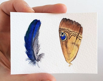 Original ACEO Butterfly wing & blue feather painting - original watercolour miniature artwork 2.5x3.5 in - nature art - artist trading card