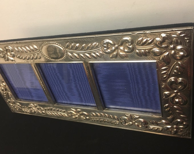 Storewide 25% Off SALE Vintage Sterling Silver Triple Photo Frame Featuring Elaborate Ribbon Bow Garland Trim Designs