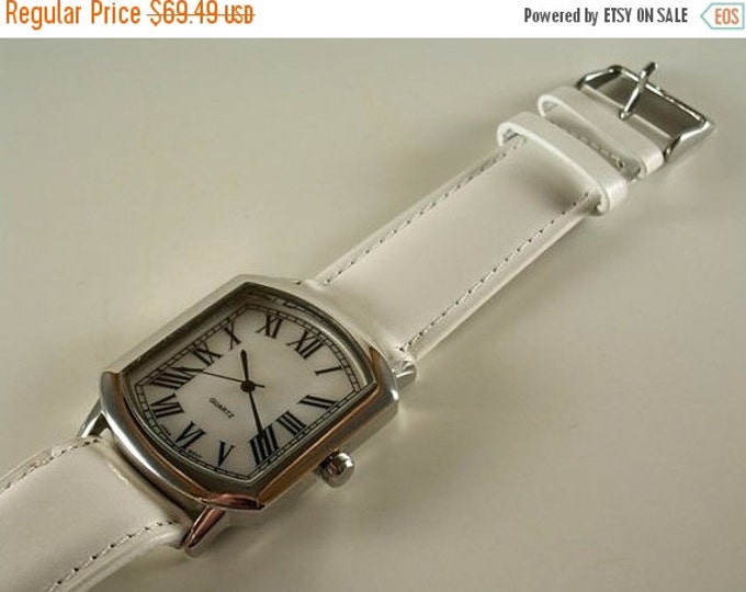 Storewide 25% Off SALE Vintage Ladies quartz watch with large Mother of Pearl face & white leather watch band