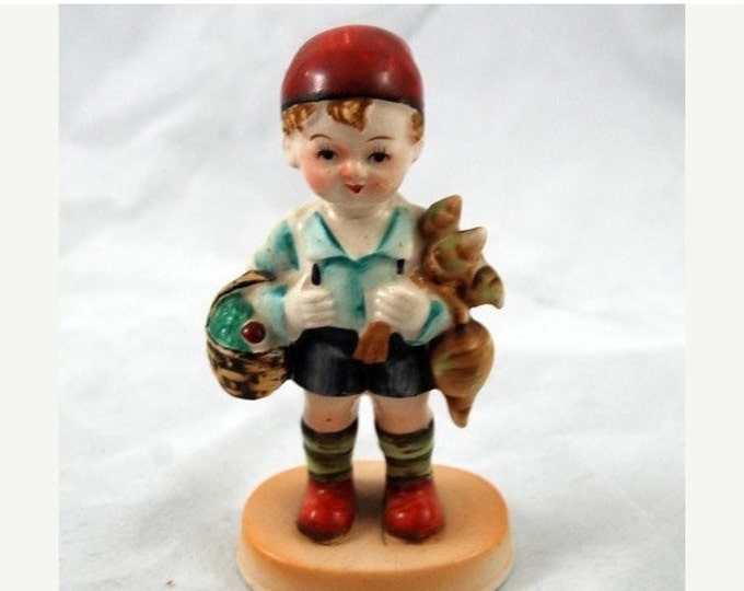 Storewide 25% Off SALE Vintage Hand Painted Porcelain Male Child Figurine With Farm Produce and Carrying Basket Featuring Original Stamped J