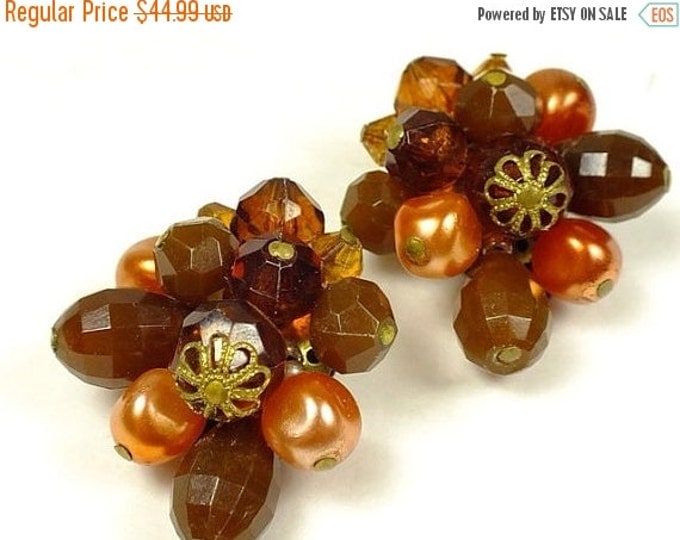 Storewide 25% Off SALE Beautiful Vintage West German Beaded Designer Cluster Earrings Featuring Shades of Brown & Rust with Gold Tone Accent