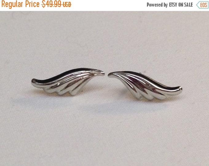 Storewide 25% Off SALE Vintage Silver Tone Petite Angel Wing Style Designer Pierced Earrings Featuring Etched Textured Design