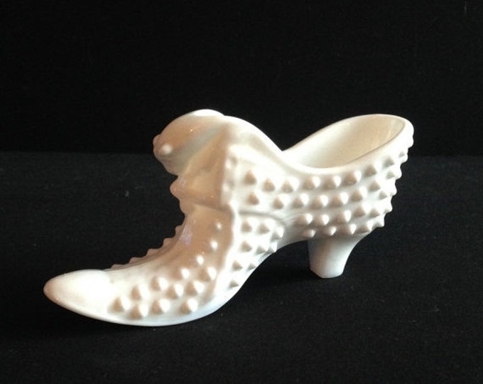 Storewide 25% Off SALE Vintage Fenton Hobnail White Milk Glass Petite Decorative High Heel Shoe Featuring Raised Platform Design With Classi