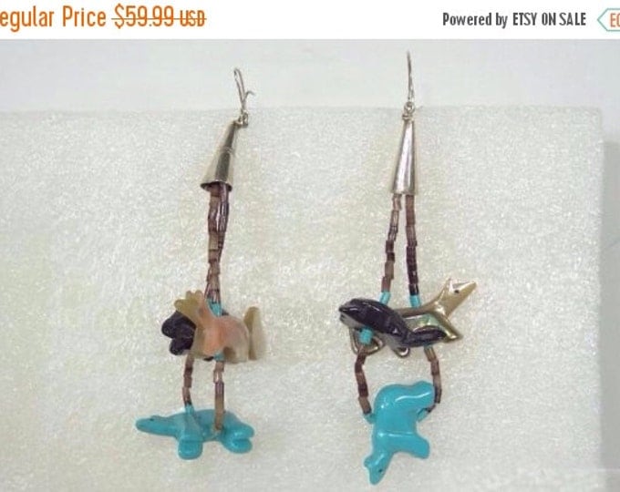 Storewide 25% Off SALE Vintage Sterling Silver Chandelier Style Turquoise Earrings Featuring Assorted Animal Shaped Semi Precious Stones