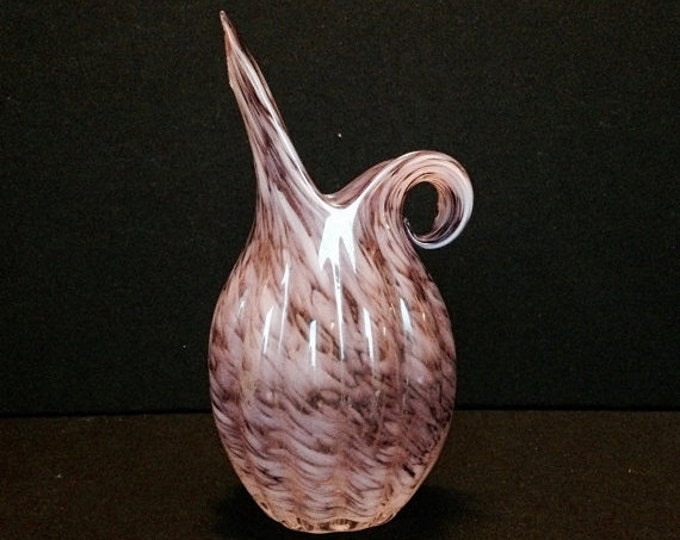 Storewide 25% Off SALE Vintage Lefton Swirled Opalescent Rose Ewer Art Glass Pitcher Featuring Pink Ribbed Design With Elegant Scrolled Hand