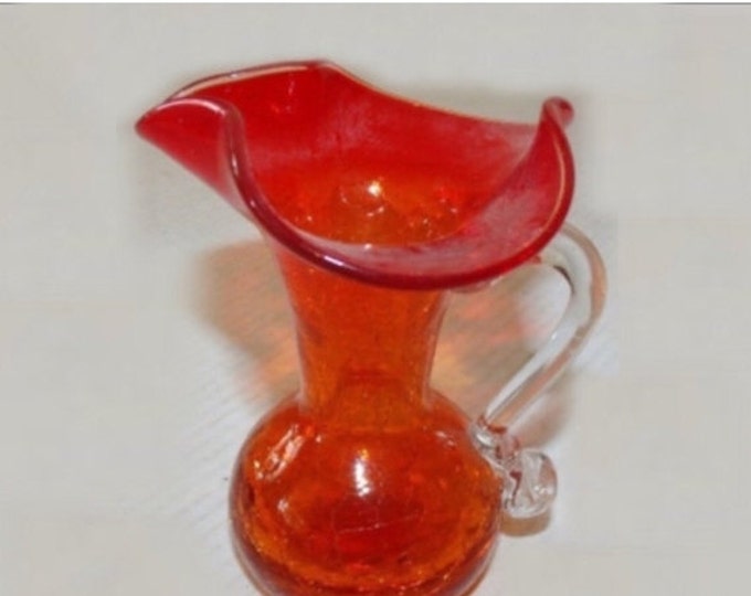 Storewide 25% Off SALE Vintage Orange Amberina Blenko Inspired Crackle Hand Blown Glass Glass Pitcher Featuring Trumpet Style Spout