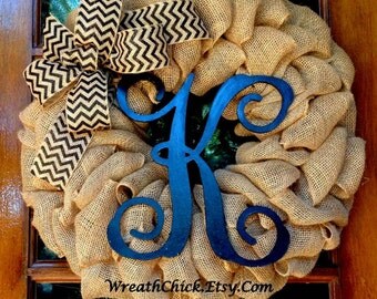 Front door wreath, Burlap wreath with initial, Black and tan wreath, All season wreath, Winter wreath, outdoor wreath, burlap door wreath