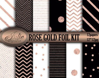 Rose Gold foil digital paper, Black and white, confetti, Stripes, Chevron background. Instant download