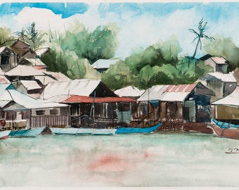 Urban landscape, Pang Lo, Thailand, watercolor painting, original painting, travelling the world, Far East 38X57 CM (15"X22.4")