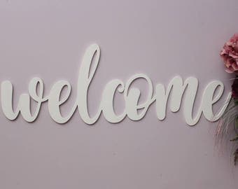 Welcome Wood Sign, Welcome Sign, Welcome Wooden Sign, Laser Cut Wood Sign, Cursive Wood, Greeting Sign, Home Decor, Welcome Wedding Decor