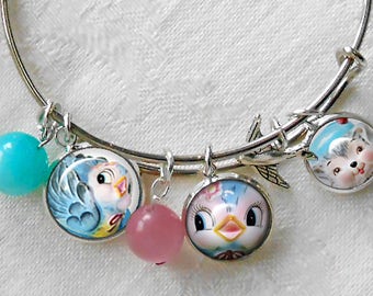 Lefton Bluebirds Charm Bracelet ~ Stackable Bangle ~ Lefton Bluebirds ~ Miss Priss ~ August birthday ~ Pink Pyrex