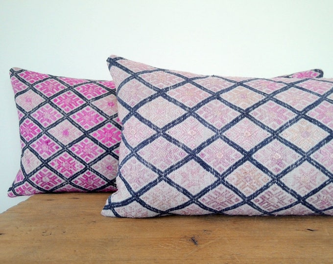 11" x 24" Vintage Chinese Wedding Blanket Long Lumbar Pillow Cover / Boho Embroidered Pale Pink Indigo Dowry Textile / Handwoven Silk Pillow