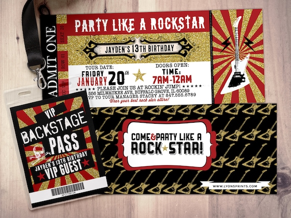 ROCK STAR concert ticket birthday party invitation- Music invitation ...