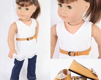 Handmade to fit like American Girl Doll Clothes, 18 Inch Doll Clothes, MODERN CITY CHIC, Embroidered Tunic, Denim Jeans, Ballet Flats, Belt