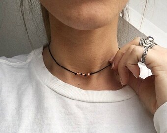 Beaded rose gold necklace, rose gold choker, layered gold necklace, beaded short necklace, the triple rose choker by Serenity Project