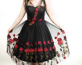 Rose embroidered tulle dress, Prom dress, Bridesmaid dress, special occasion, 1950s prom dress, 1950s dress, Prom, LBD, Rose