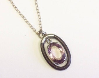 Vintage, Edwardian, amethyst paste and ebony pendant on Sterling silver chain.