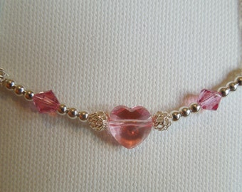 Swarovski Pink Heart and Sterling Silver Necklace Hand made