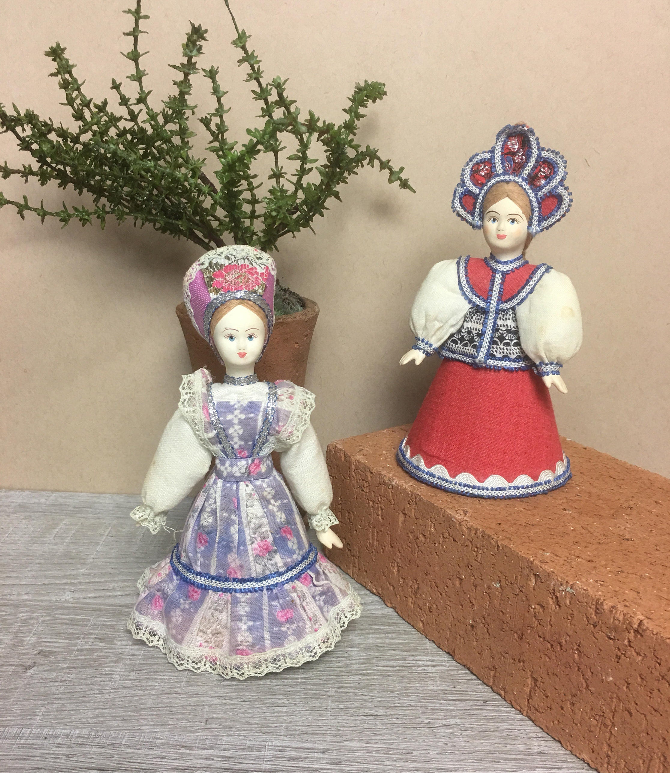 Set of 2 Folk Art Russian Cloth Dolls Cone Bottoms Hand Made