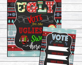 Ugly sweater party voting sign, vote for the ugliest sweater sign, ugly sweater voting ballot, prize for ugliest sweater, ugly sweater vote