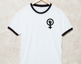 Feminist Shirts Pocket Ringer Tshirt Feminism T Shirt Female White Size S , M , L , XL , 2XL , 3XL three color ring