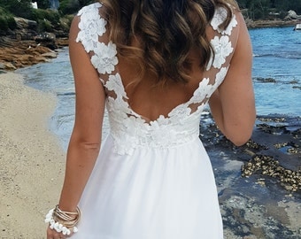 Low back lace wedding dress with silk skirt • Isobel Gown • Beach wedding dress • Bohemian lace dress • Boho wedding dress