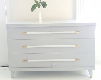 Sold#Mid Century Modern dresser, vintage dresser gray, white and gold, painted furniture nj nyc, Hollywood Regency style,