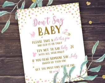 Don't Say Baby Game Instant Download, Pink and Gold Baby Shower Games Printable, Printable Baby Shower Decor DIY, Baby Girl, Glitter, PDF